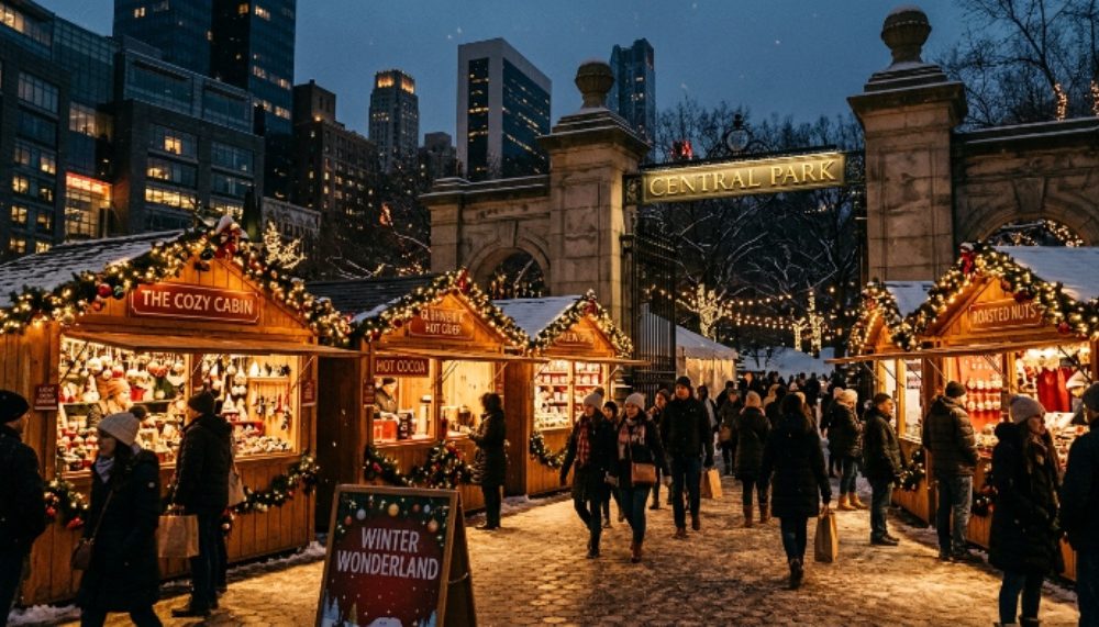 Wooden holiday market stalls decorated with lights near Central Park entrance