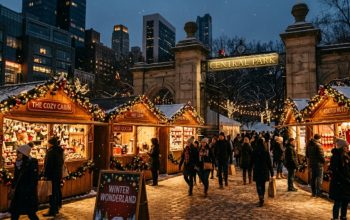 Wooden holiday market stalls decorated with lights near Central Park entrance