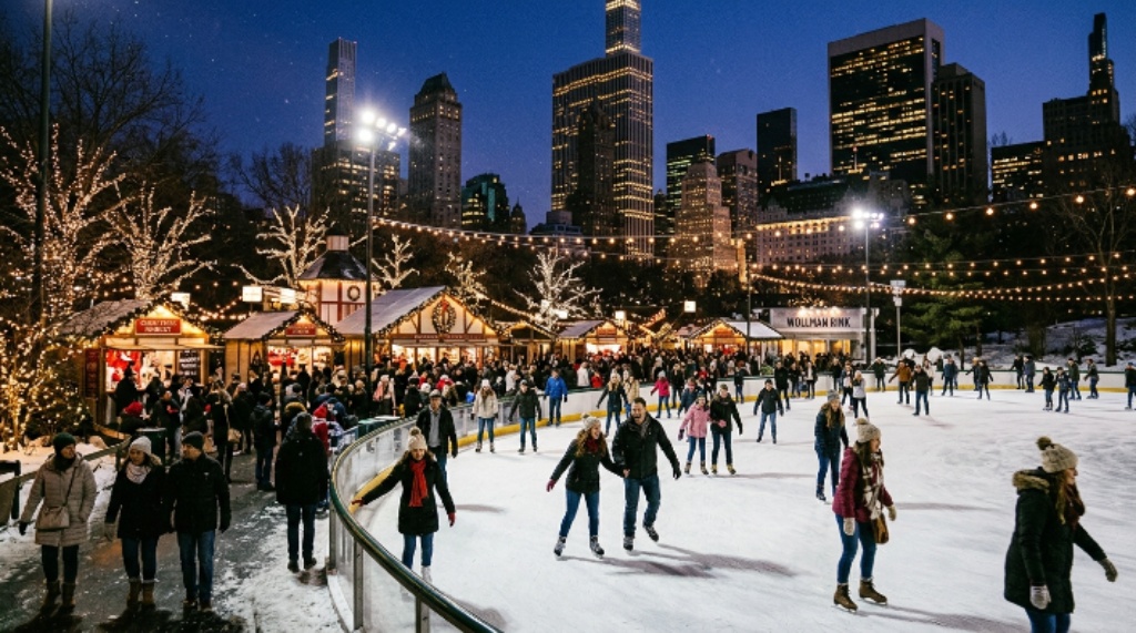 Ice skaters at Wollman Rink near a festive holiday market in Manhattan