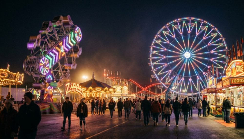 Amusement rides lit up at the Virginia state fair midway