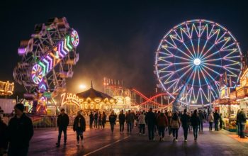 Amusement rides lit up at the Virginia state fair midway