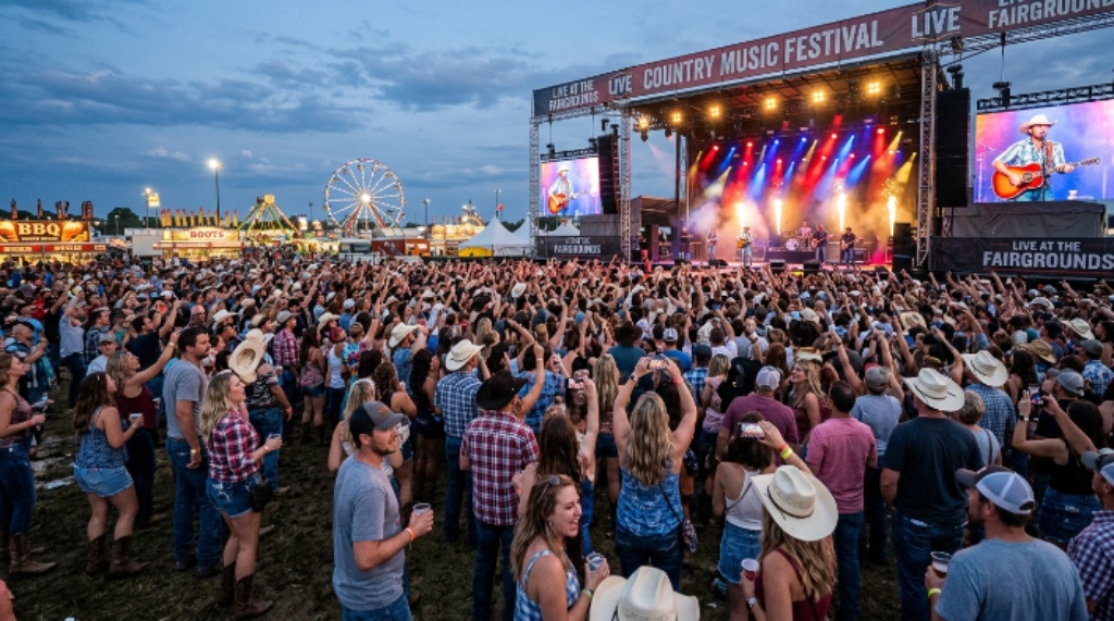 Country music concert crowd at an outdoor fairgrounds stage