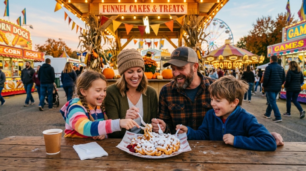 Family enjoying funnel cake at a fall state fair