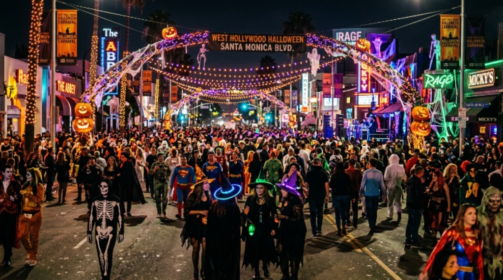 Santa Monica Boulevard decorated for Halloween Carnaval night event