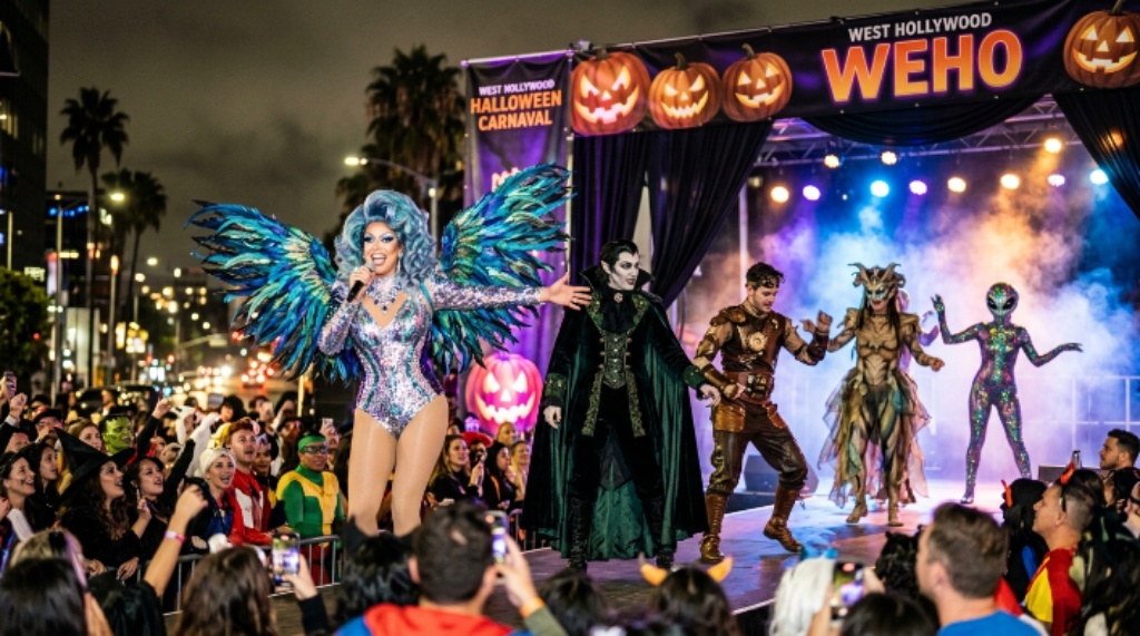 Costumed performers on stage at West Hollywood Halloween celebration