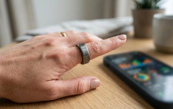 Close-up of a sleek fitness tracking ring worn on a person's finger.