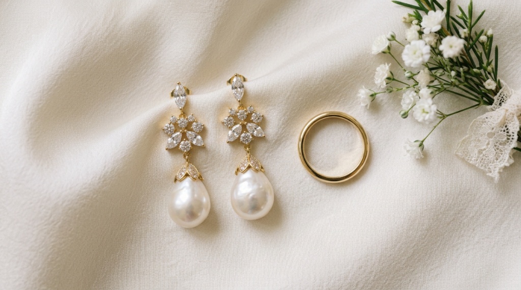 Pearl and crystal bridal earrings resting on fine silk fabric.