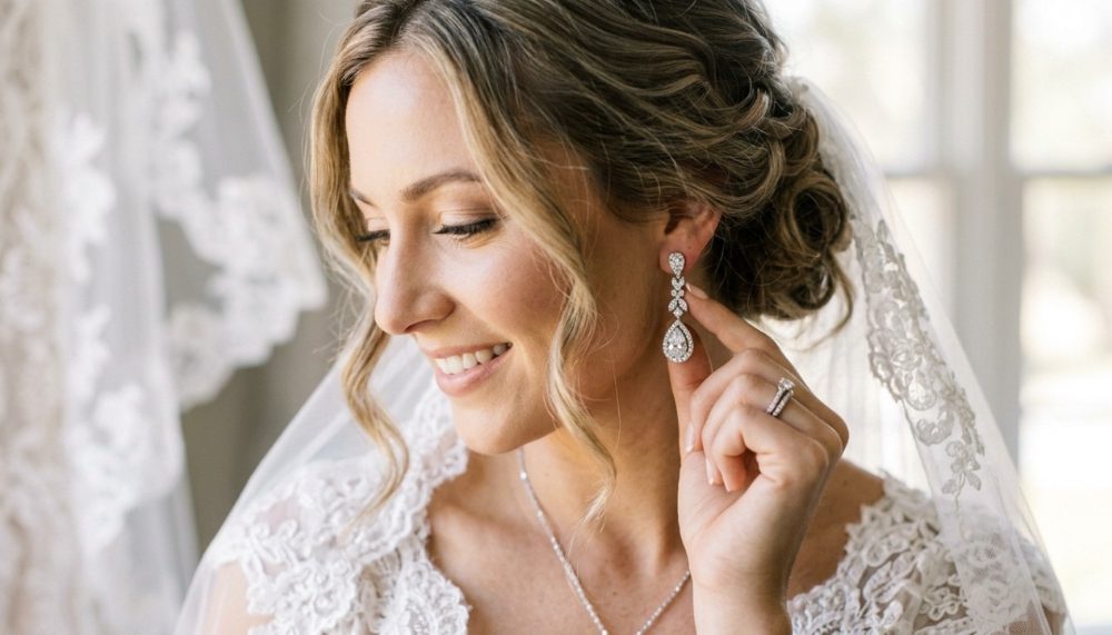 Bride touching sparkling diamond-drop earrings on her wedding day.