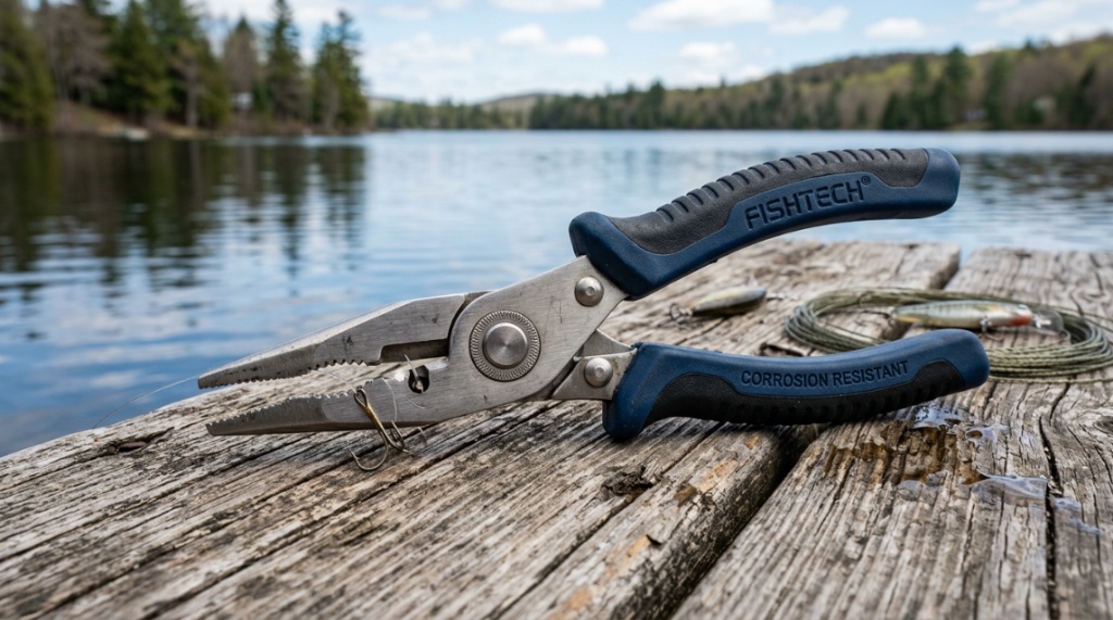 Angler using corrosion-resistant pliers by a freshwater lake.