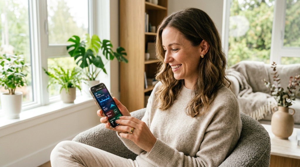 Woman reviewing sleep and heart rate data on her smartphone app.