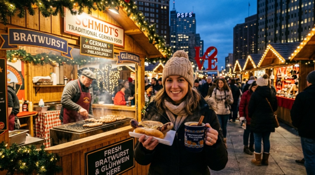 Traditional German food including bratwurst and mulled wine at Philadelphia's holiday market