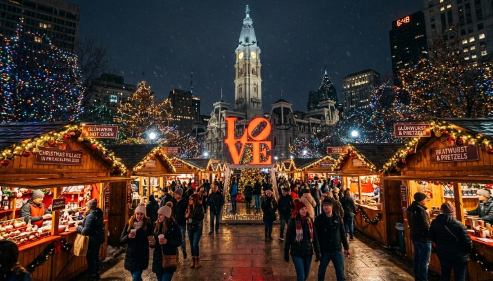 Christmas Village Philadelphia 2026 at LOVE Park with wooden vendor booths and holiday lights at night