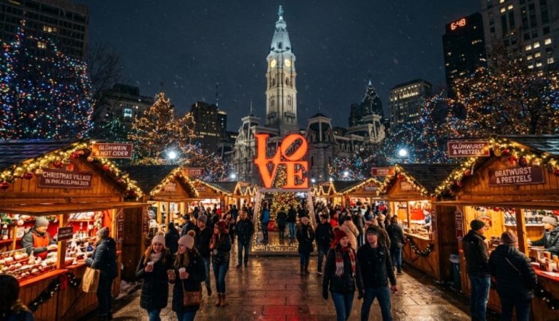 Christmas Village Philadelphia 2026 at LOVE Park with wooden vendor booths and holiday lights at night