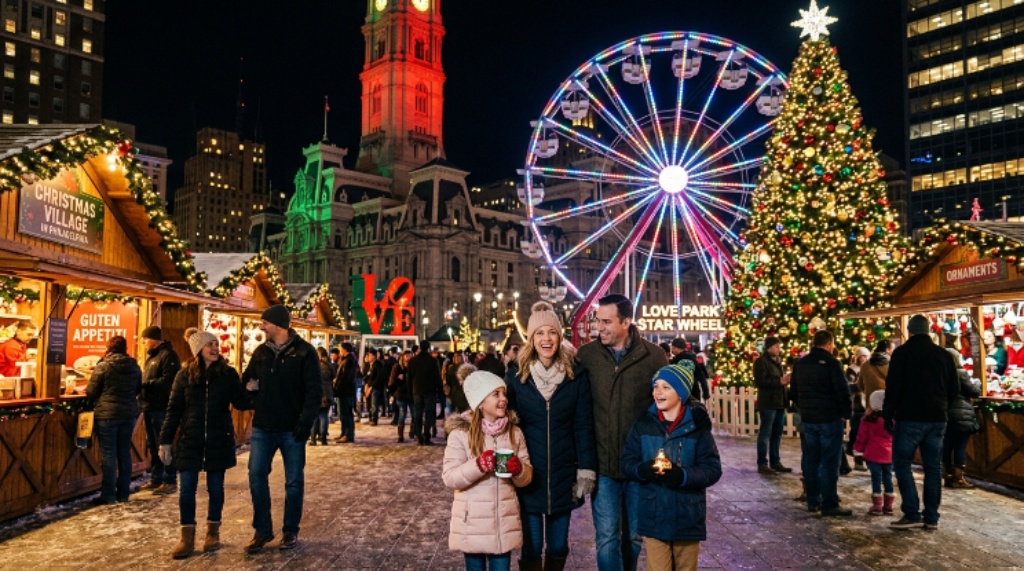 Families enjoying the Ferris Wheel and Christmas tree at Christmas Village in Philadelphia