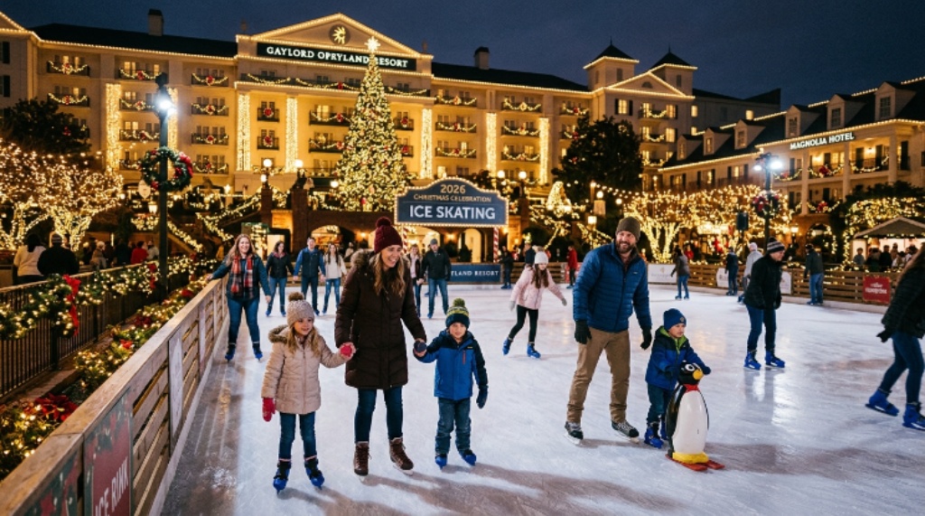 Families ice skating outdoors at Gaylord Opryland Resort during the 2026 Christmas celebration
