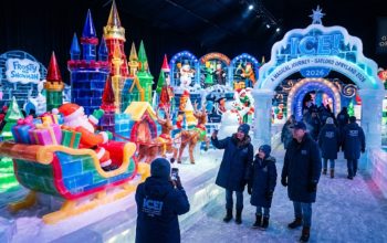 Colorful ice sculptures inside the ICE! attraction at Gaylord Opryland Resort during the 2026 Christmas season