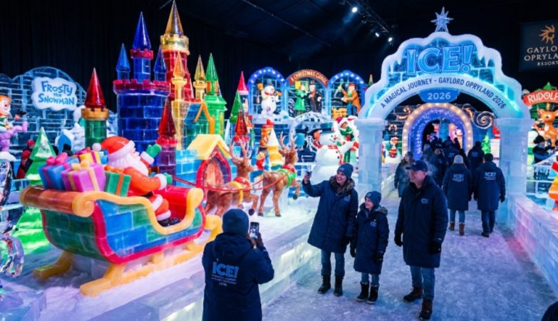 Colorful ice sculptures inside the ICE! attraction at Gaylord Opryland Resort during the 2026 Christmas season