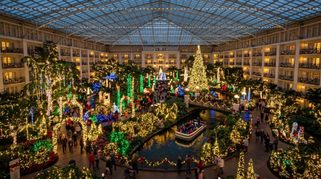 Millions of holiday lights decorating the indoor gardens at Gaylord Opryland Resort in Nashville, Tennessee