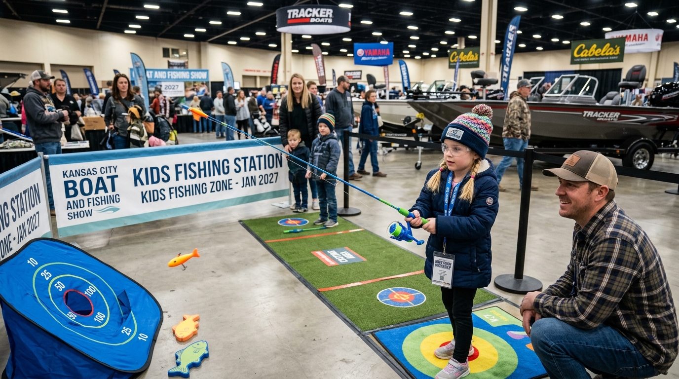 A young child practicing casting at a kids fishing station at the Kansas City Boat and Fishing Show in January 2027