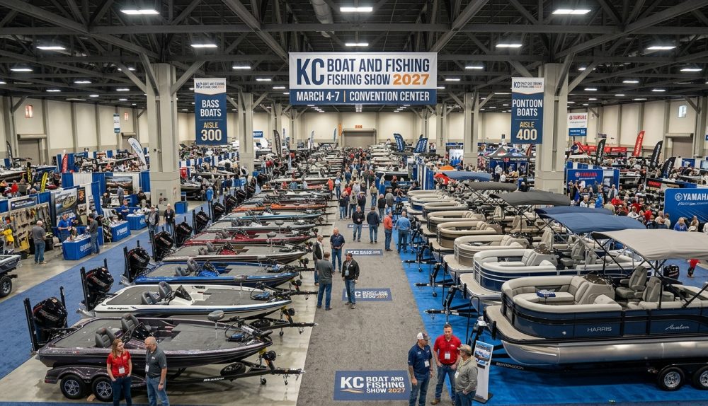 Rows of bass boats and pontoon boats on display at the KC Boat and Fishing Show 2027 indoor exhibit hall