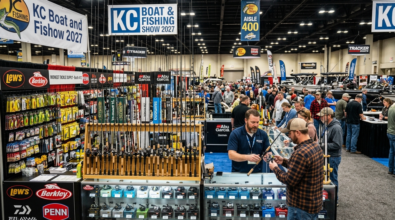 Fishing rods, reels, and tackle gear on display at vendor booths inside the KC Boat and Fishing Show 2027