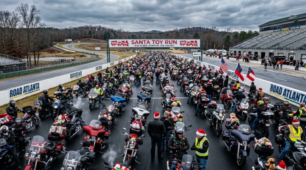 Large group of motorcycles staging at Road Atlanta during the Santa Toy Run on a cool December morning