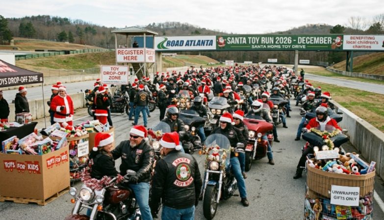 Motorcycle riders in Santa hats gathered at Road Atlanta for the Santa Toy Run 2026 toy drive event in December