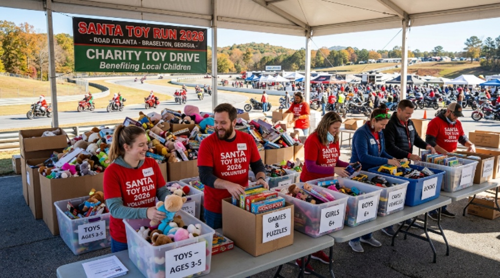 Volunteers sorting donated toys at the Santa Toy Run 2026 charity toy drive at Road Atlanta in Braselton Georgia